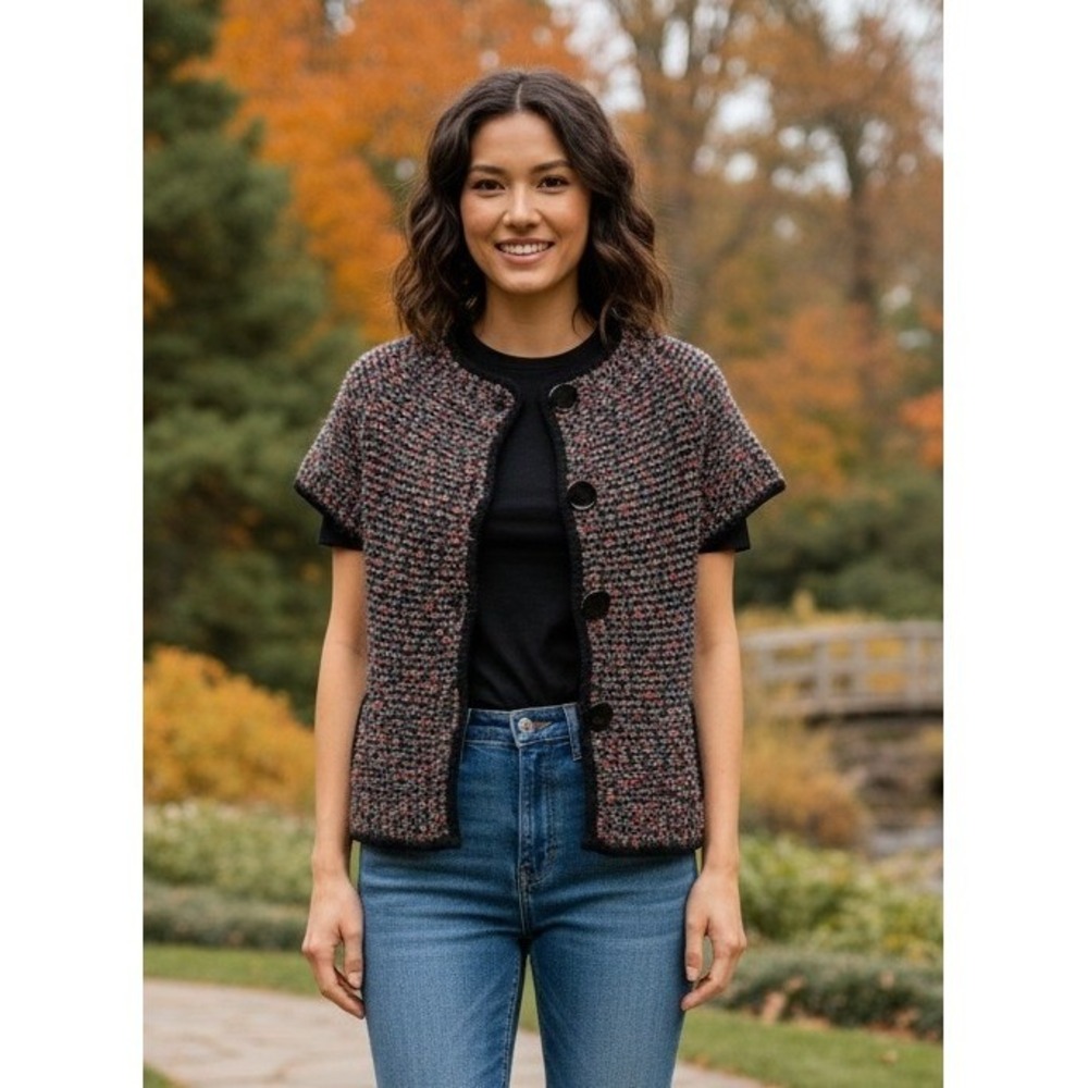 CURIO Textured Button‎ Front Cardigan Vest Women's L Mohair Blend Fuzzy Chunky
